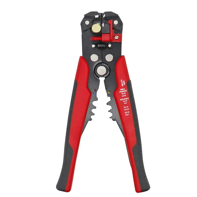 Red and black wire stripping pliers on a white background