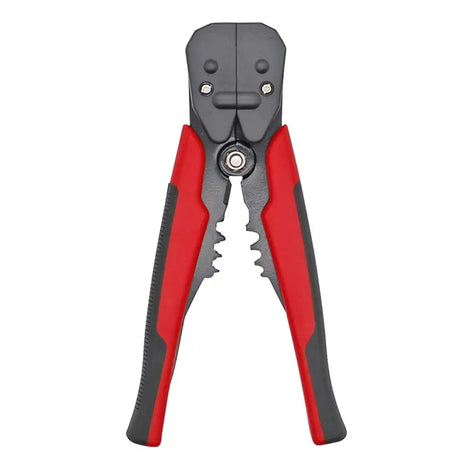 Pair of red and black wire strippers on a white background