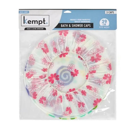 Kempt bath and shower cap with floral design in packaging