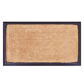 Rectangular doormat with a black border on a white background