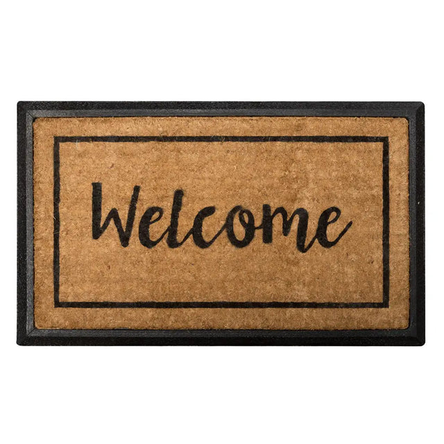 Doormat with 'Welcome' text on a white background