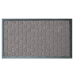 Gray doormat with a textured pattern on a white background