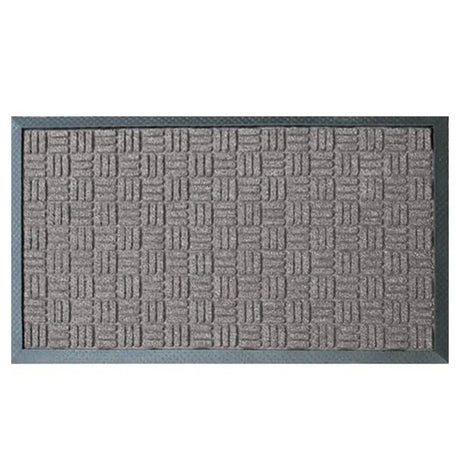 Gray doormat with a textured pattern on a white background