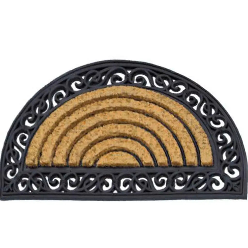 Half-moon doormat with decorative black border on a white background