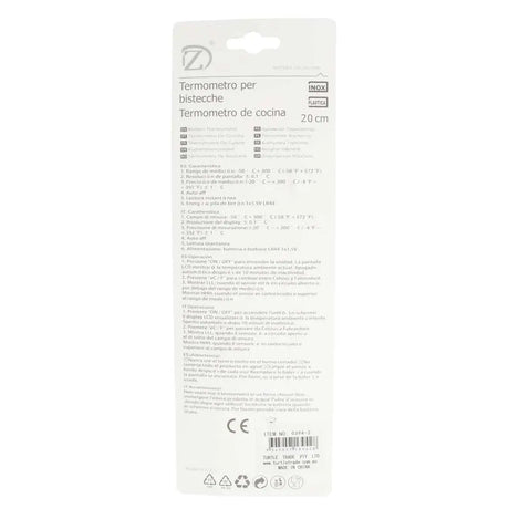 Back view of a kitchen thermometer packaging with text and branding on a white background