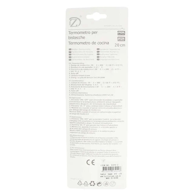 Back view of a kitchen thermometer packaging with text and branding on a white background