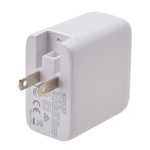 Korjo USB-A & USB-C 4 Port Power Hub rear view with US plug attached showing Korjo branding and safety certifications