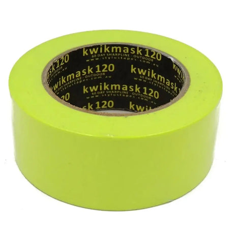 Roll of green masking tape with 'kwikmask 120' branding on a white background