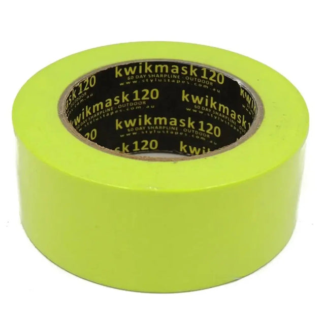 Roll of green masking tape with 'kwikmask 120' branding on a white background