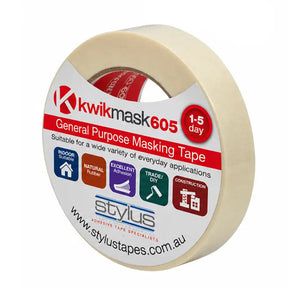 Kwikmask 605 narrow masking tape roll with natural rubber adhesive label 24mm