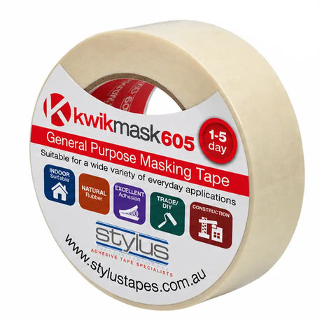 Kwikmask 605 medium-width masking tape roll with crepe paper backing 36mm