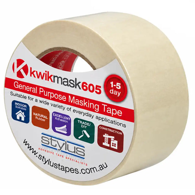 Kwikmask 605 wide masking tape roll with Stylus branded label 48mm