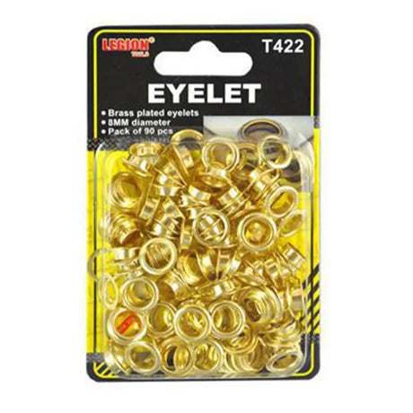 Packaged brass eyelets with visible brand name on a white background
