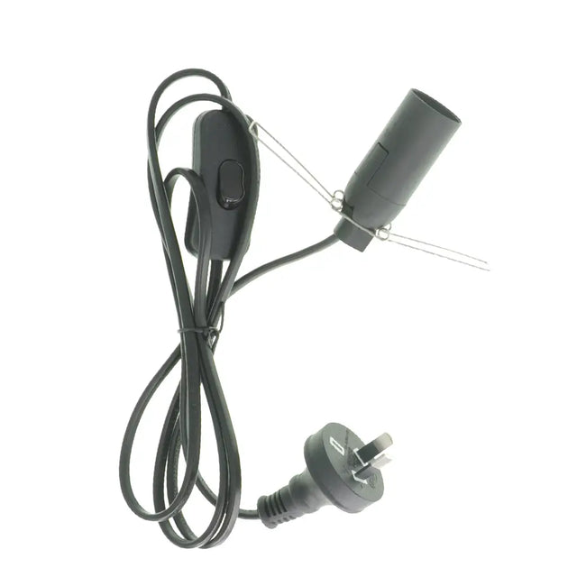 Black electrical cord with plug on a white background