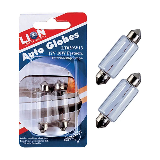Packaged auto globe bulbs with Lion brand label on a white background