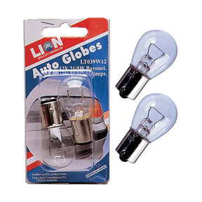Two car light bulbs with packaging labeled 'Lion' on a white background
