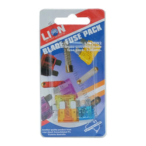 Packaged blade fuses with Lion branding on a white background