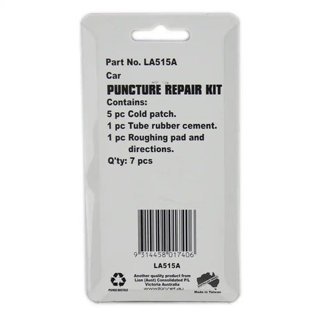 Car puncture repair kit packaging with product details on a white background