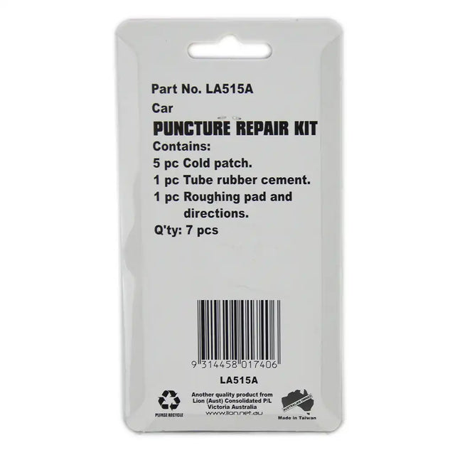 Car puncture repair kit packaging with product details on a white background