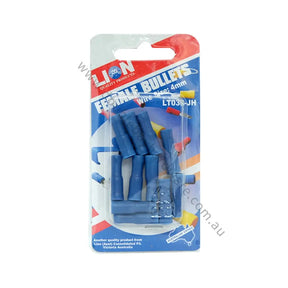 Packaged blue female bullet connectors with Lion branding on a white background