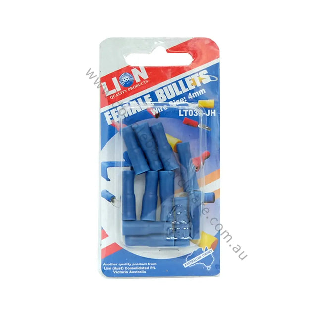 Packaged blue female bullet connectors with Lion branding on a white background