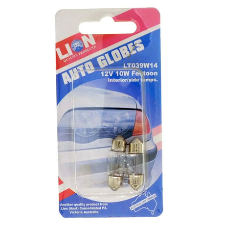 Packaged car bulbs with Lion Auto Globes branding on a white background