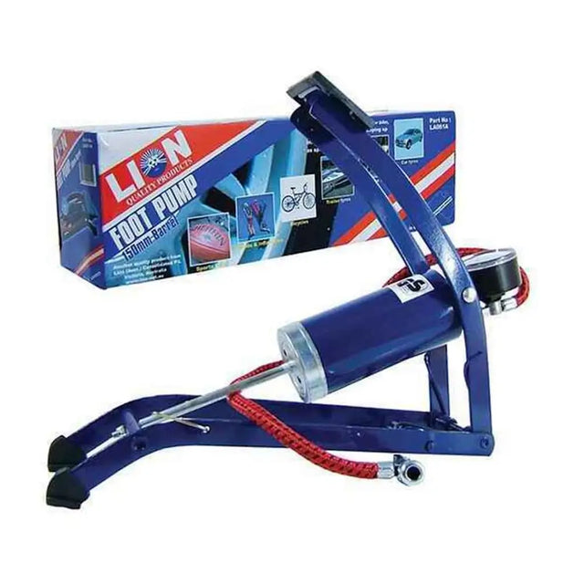 Blue foot pump with red hose and Lion brand packaging in the background