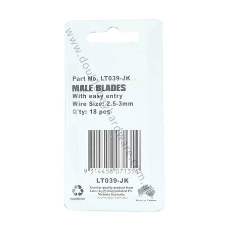 Packaging label for male blades with specifications on a white background