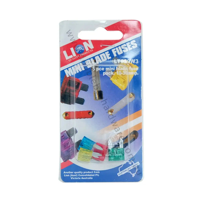 Packaged mini blade fuses with Lion branding on a white background