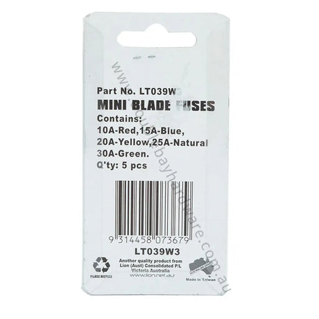 Packaging of mini blade fuses with color coding and part number LT039W3.