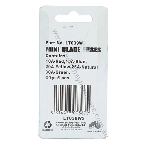 Packaging of mini blade fuses with color coding and part number LT039W3.