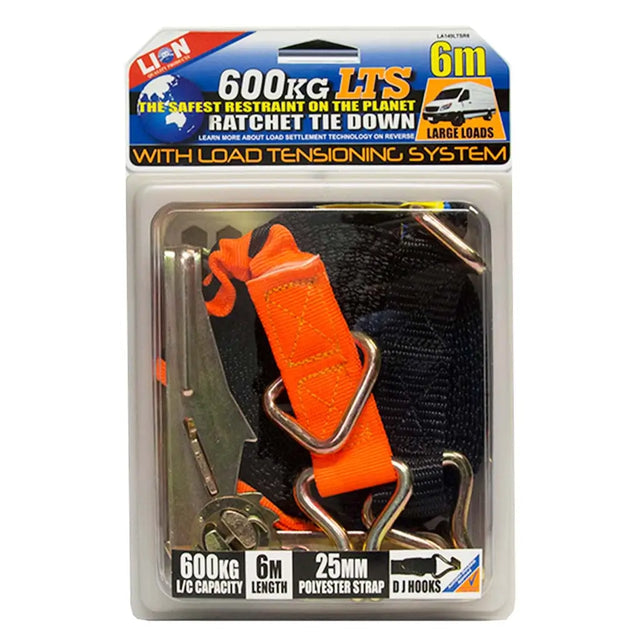 Packaged ratchet tie down with load tensioning system on a white background