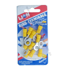 Packaged ring terminals with yellow and silver connectors on a blue and red background