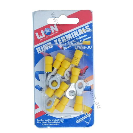 Packaged ring terminals with yellow and silver connectors on a blue and red background