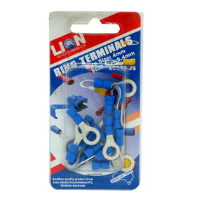 Packaged Lion ring terminals with blue and white connectors on a white background