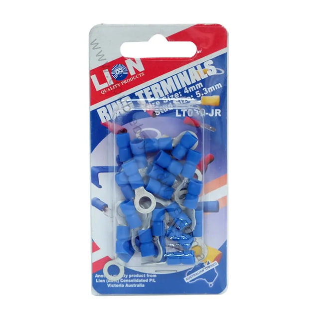 Packaged blue ring terminals with Lion branding on a white background