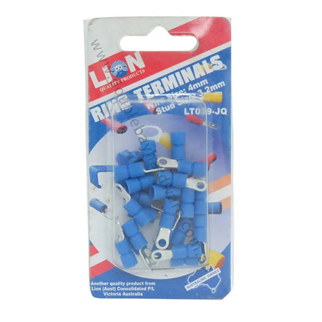 Packaged blue wire terminals with Lion branding on a white background