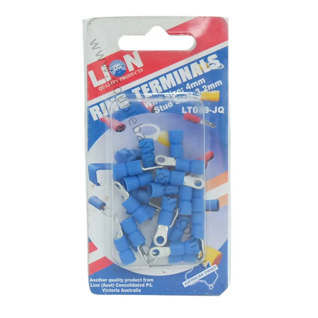 Packaged blue wire terminals with Lion branding on a white background