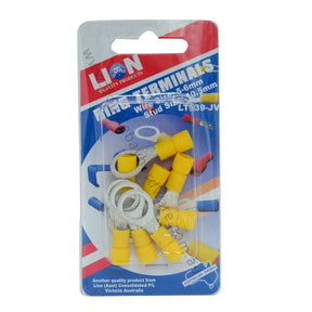 Packaged lion brand wire terminals with red, white, and yellow colors on a blue and red background.