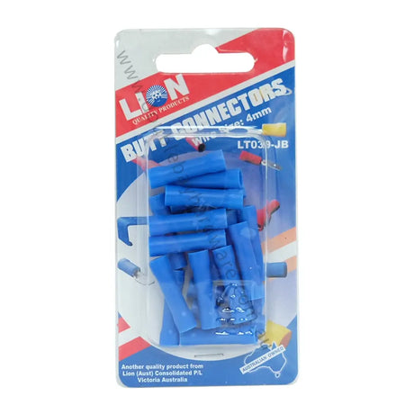 Pack of blue butt connectors with Lion brand packaging on a white background
