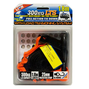 Packaged load restraint system with orange and black straps on a white background