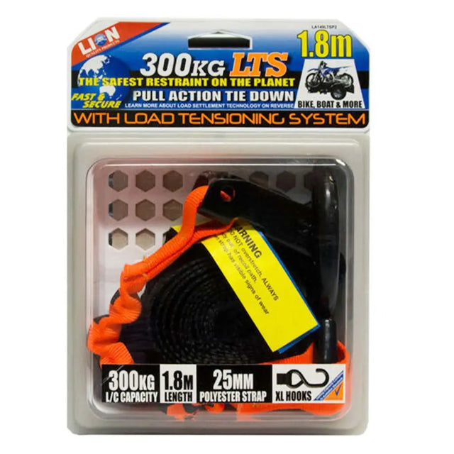 Packaged load restraint system with orange and black straps on a white background