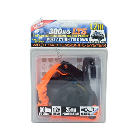 Packaged pull action tie down with load tensioning system on a white background