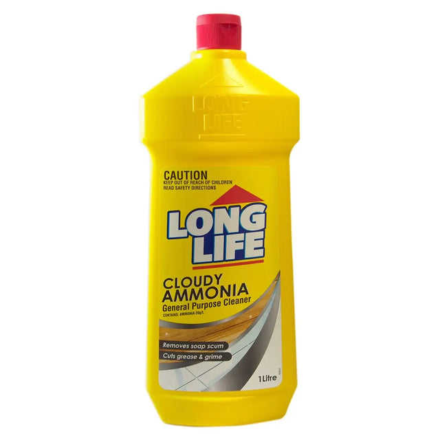 Yellow bottle of Long Life Cloudy Ammonia on a white background
