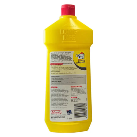 Yellow bottle of Long Life Ammonia with a red cap on a white background