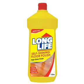 Yellow bottle of Long Life self-shining floor polish on a white background