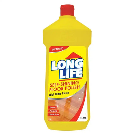 Yellow bottle of Long Life self-shining floor polish on a white background
