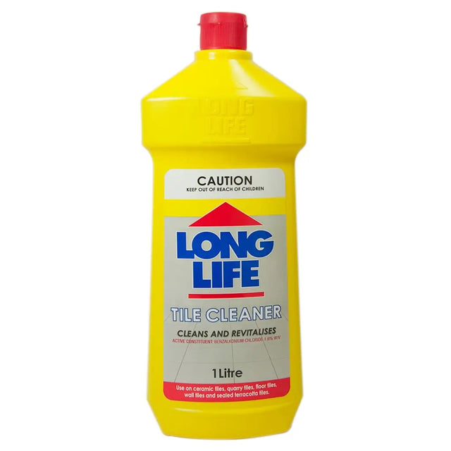 Yellow bottle of Long Life Tile Cleaner with a red cap on a white background