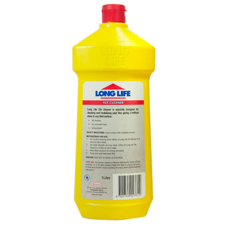 Yellow bottle of Long Life cleaner with a red cap on a white background