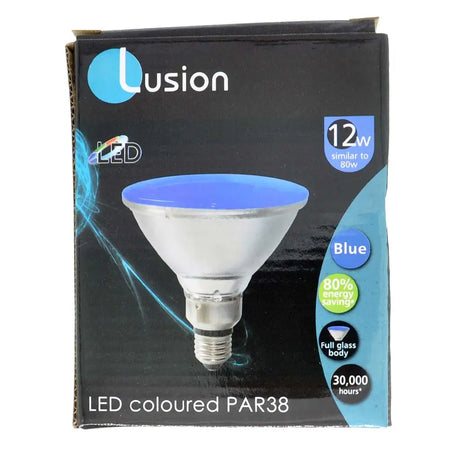 Lusion LED PAR38 bulb packaging with blue light feature on a white background